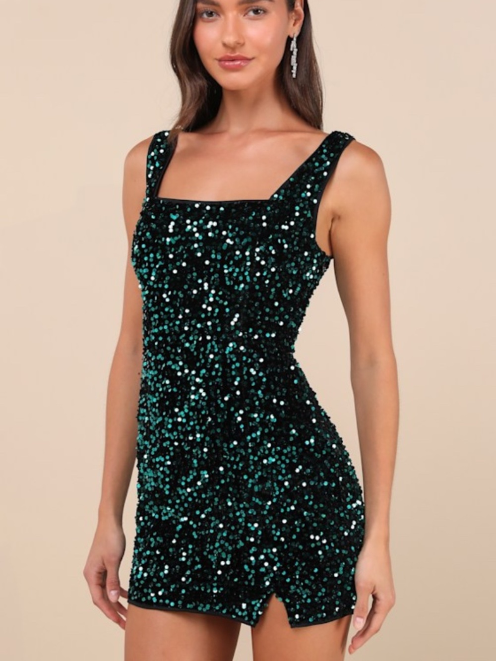 Lulus Seeing Sparkles Velvet Sequin Square Neck Mini Dress Green - Size XS